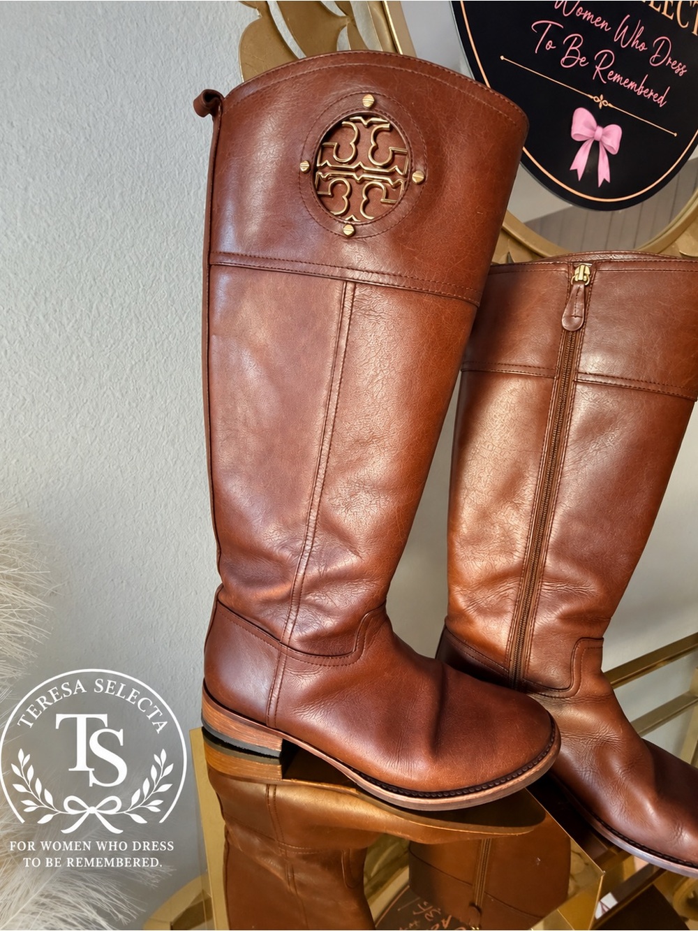 Tory Burch Brown Leather Tall Riding Boots Gold Logo Size 8M